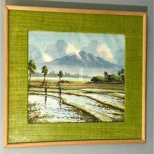Original Watercolor Painting Rice Paddy Mountain Landscape Grasscloth Frame Art